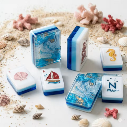 Ocean Beach American Mahjong Set with Blue Marble Backs – Coastal Mahjong Tiles for Gifts, Game Nights & Wholesale