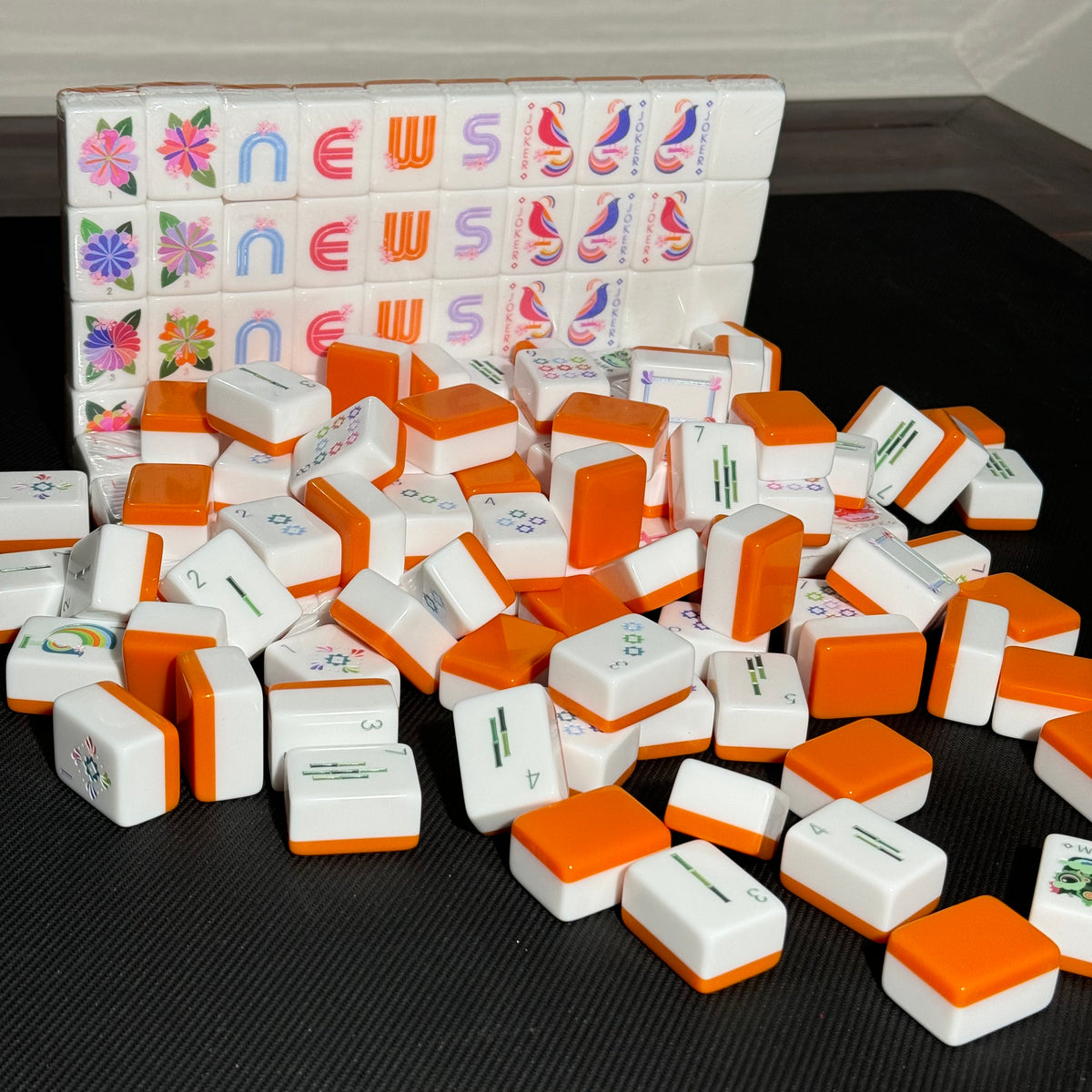 Modern Orange American Mahjong Set with Glossy White Tiles – Colorful Floral Mahjong Tiles for Gifts, Game Nights & Wholesale