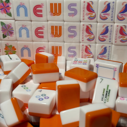 Modern Orange American Mahjong Set with Glossy White Tiles – Colorful Floral Mahjong Tiles for Gifts, Game Nights & Wholesale