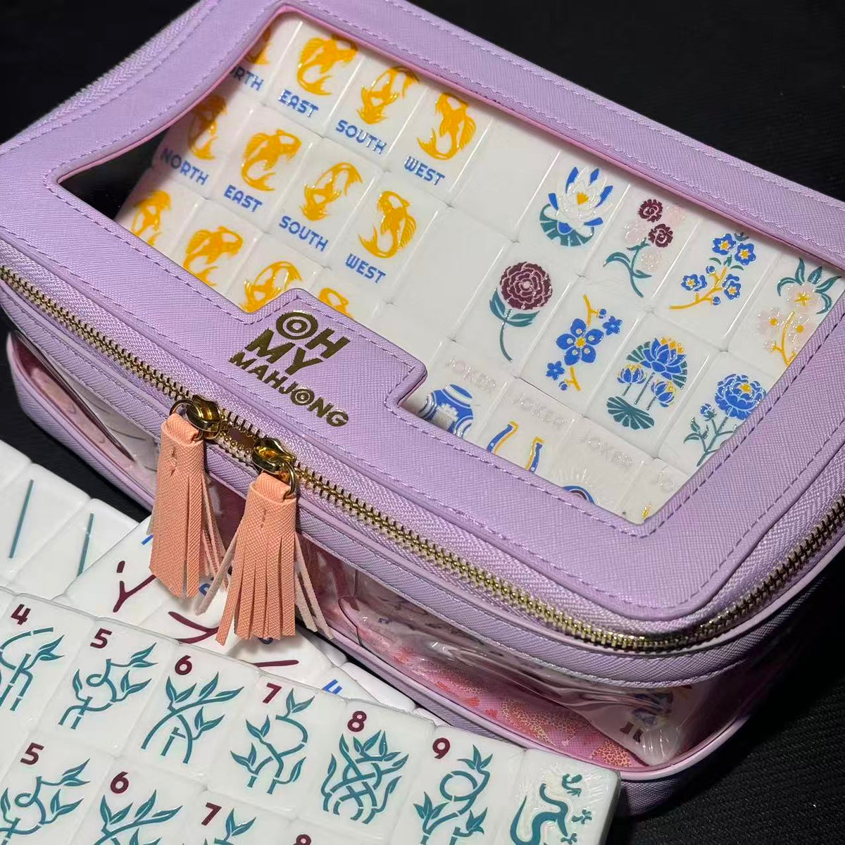 Green American Mahjong Set with Carrying Case – Glossy White Mahjong Tiles with Blue Botanical Designs for Gifts & Wholesale