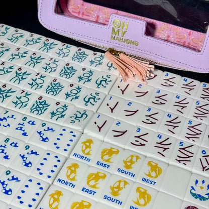 Green American Mahjong Set with Carrying Case – Glossy White Mahjong Tiles with Blue Botanical Designs for Gifts & Wholesale