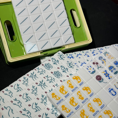 Green American Mahjong Set with Carrying Case – Glossy White Mahjong Tiles with Blue Botanical Designs for Gifts & Wholesale