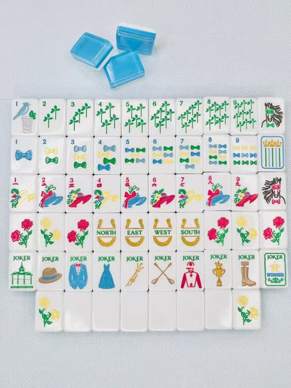 Blue Crystal American Mahjong Set with Lucky Charm Designs – Glossy Mahjong Tiles for Gifts, Game Nights & Wholesale
