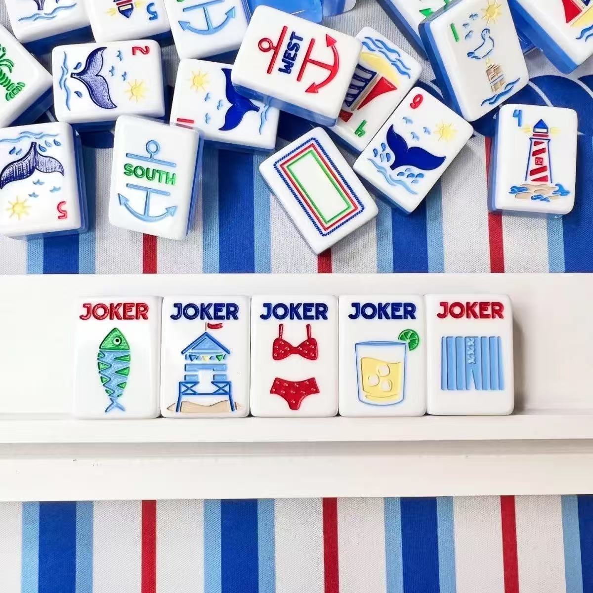Blue Crystal American Mahjong Set with Lucky Charm Designs – Glossy Mahjong Tiles for Gifts, Game Nights & Wholesale