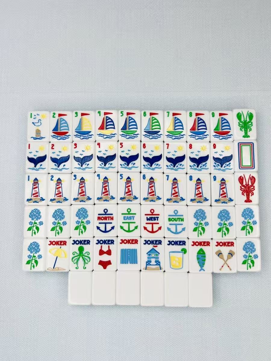 Blue Crystal American Mahjong Set with Lucky Charm Designs – Glossy Mahjong Tiles for Gifts, Game Nights & Wholesale