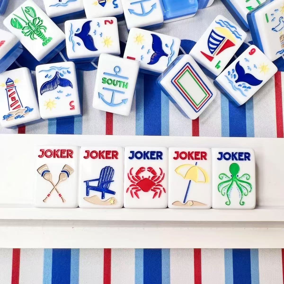 Blue Crystal American Mahjong Set with Lucky Charm Designs – Glossy Mahjong Tiles for Gifts, Game Nights & Wholesale