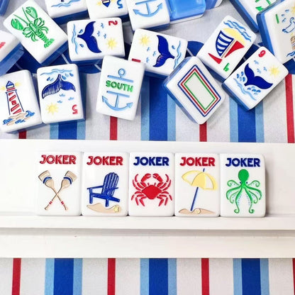 Blue Crystal American Mahjong Set with Lucky Charm Designs – Glossy Mahjong Tiles for Gifts, Game Nights & Wholesale