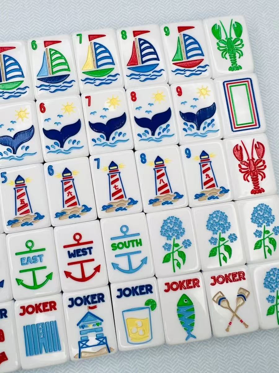 Blue Crystal American Mahjong Set with Lucky Charm Designs – Glossy Mahjong Tiles for Gifts, Game Nights & Wholesale